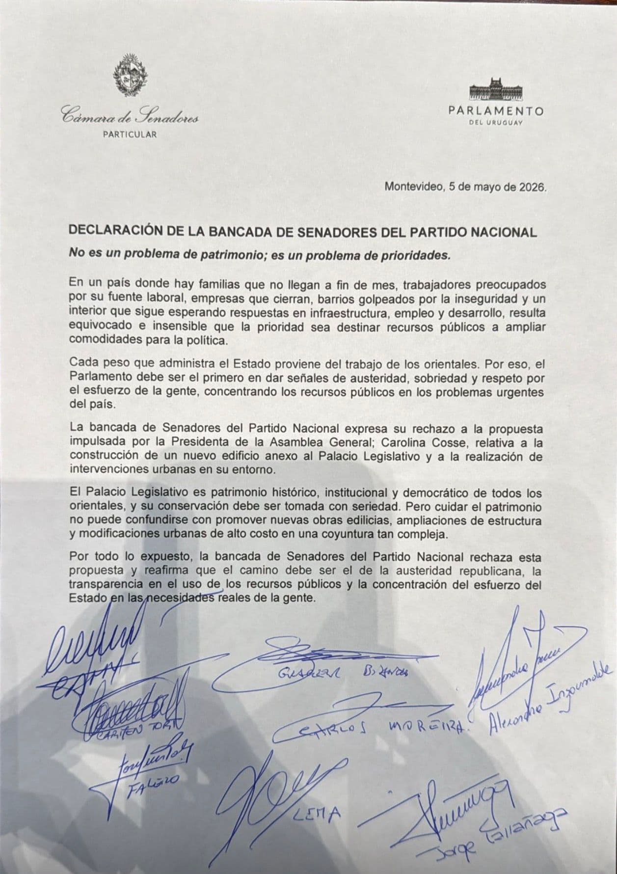 Bancada del Partido Nacional rechaza nuevo anexo al Palacio Legislativo y reclama austeridad