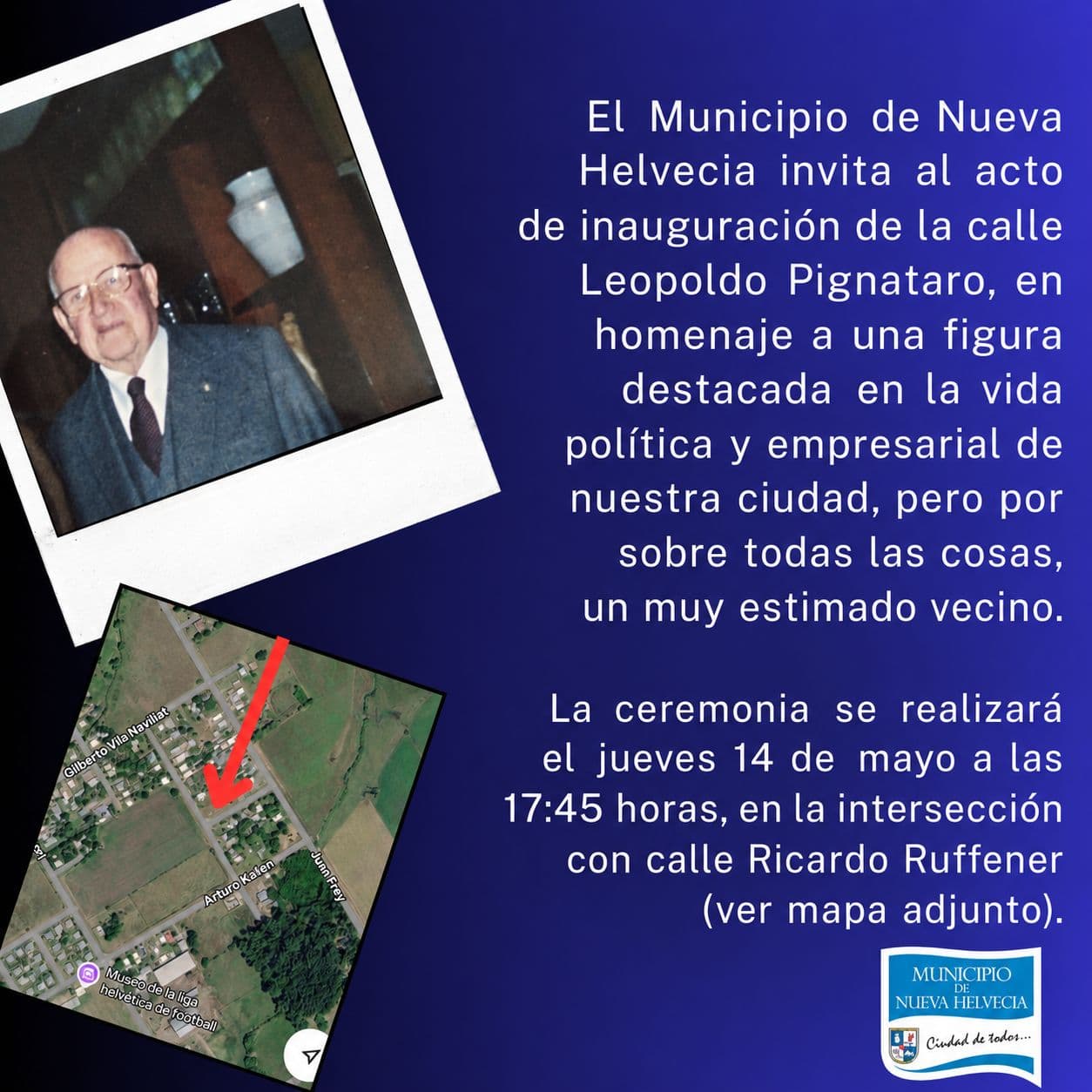 Nueva Helvecia inaugurará calle “Leopoldo Pignataro” en homenaje a destacado vecino