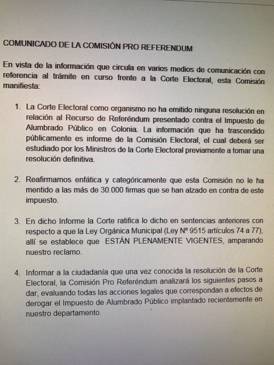 Comisión Pro Referéndum marca posición