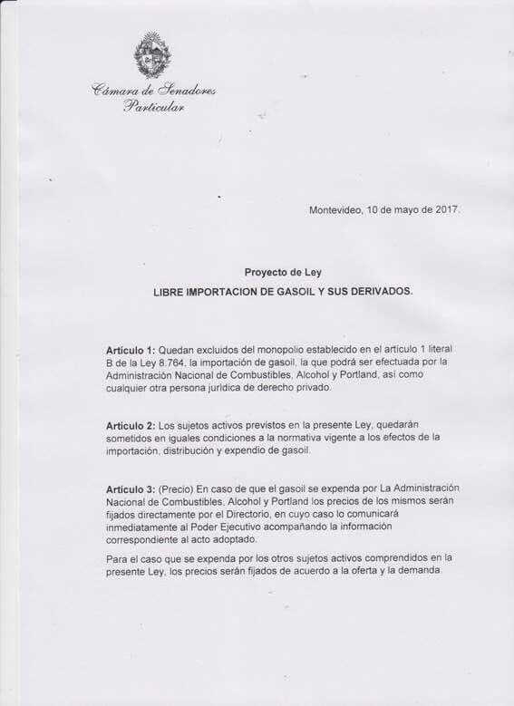 Senador Da Silva propone libre importación de Gasoil