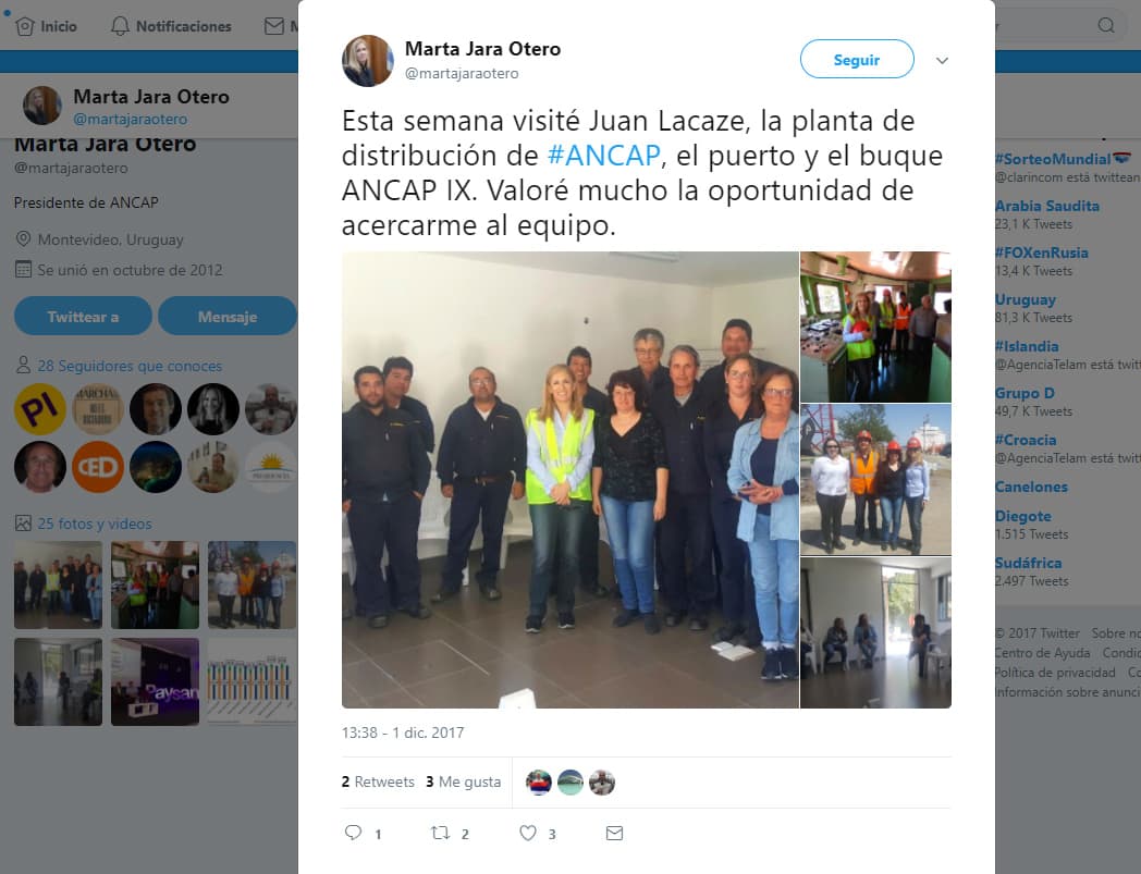 Juan Lacaze: Presidenta de ANCAP y un Twitt