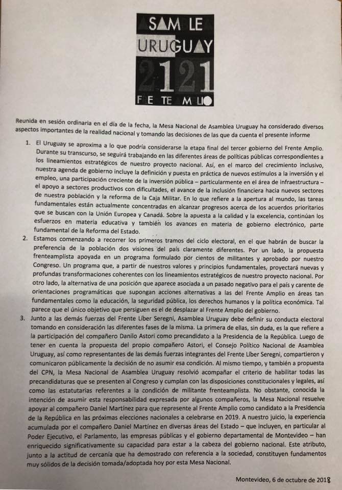 Asamblea Uruguay respalda a Martinez