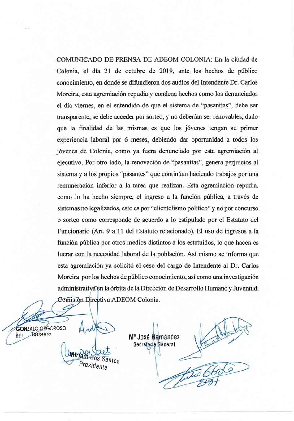 ADEOM pide cese de Moreira