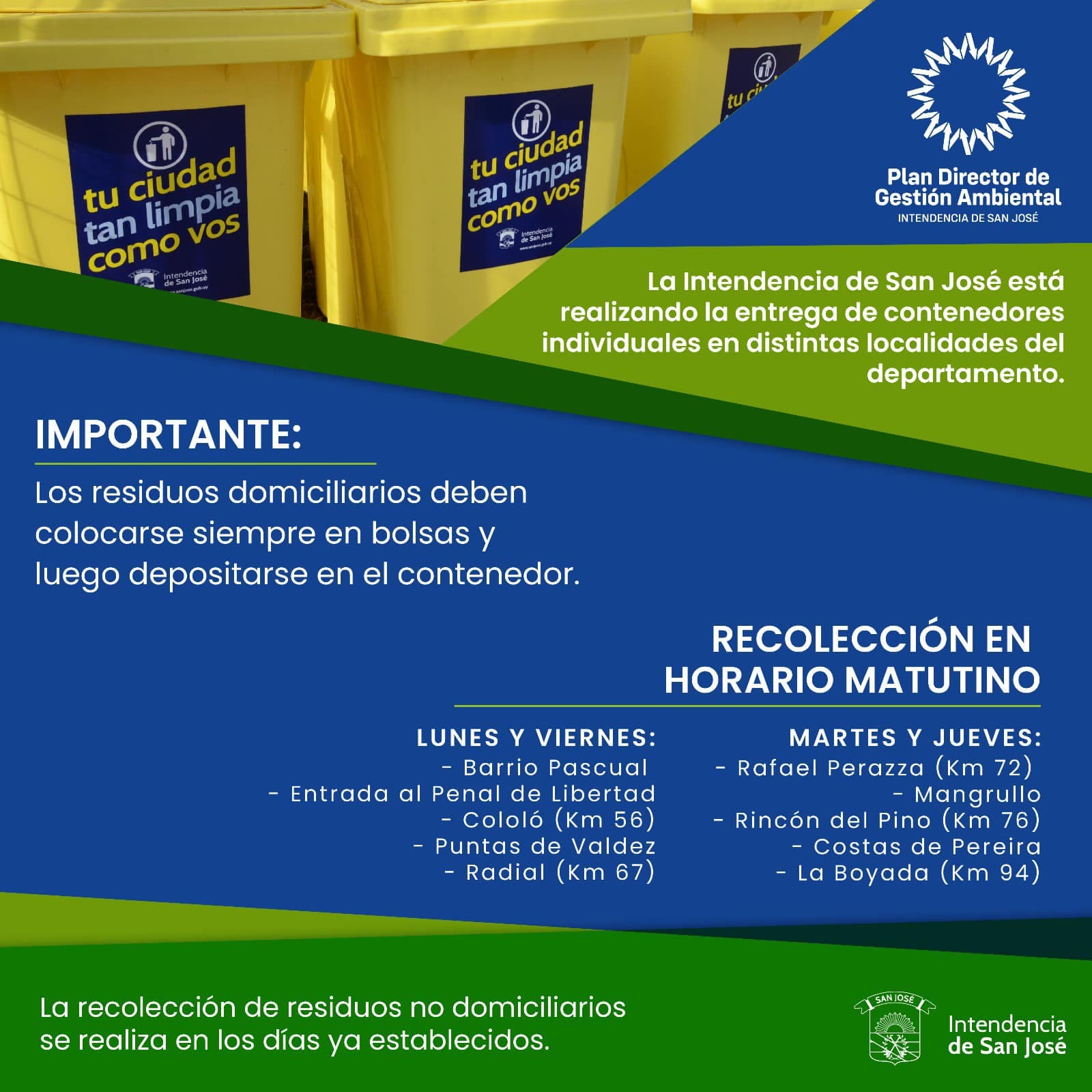 San José: nuevo sistema de recolección de residuos en varias localidades