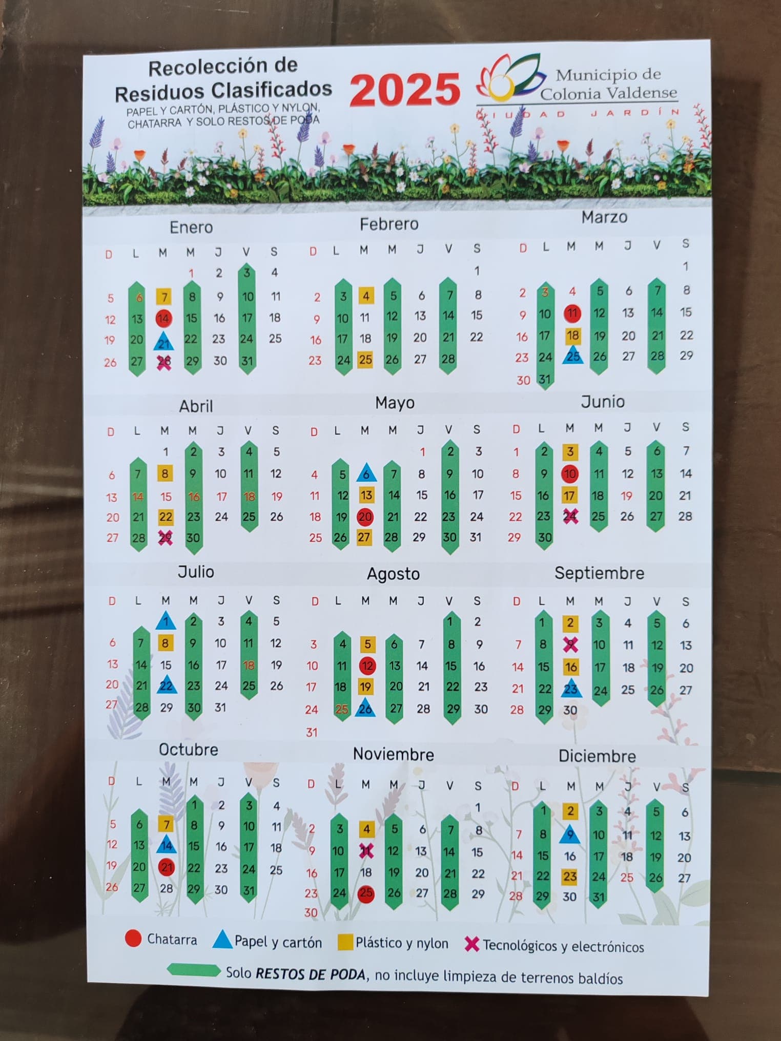 El Municipio de Colonia Valdense dio a conocer el Calendario de Recolección de Residuos Clasificados