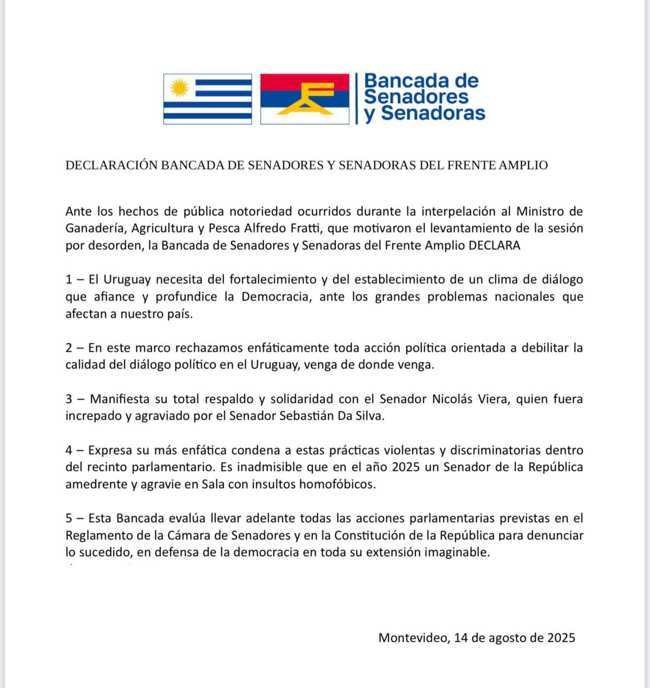 Frente Amplio condena insultos homofóbicos en el Senado y respalda a Nicolás Viera