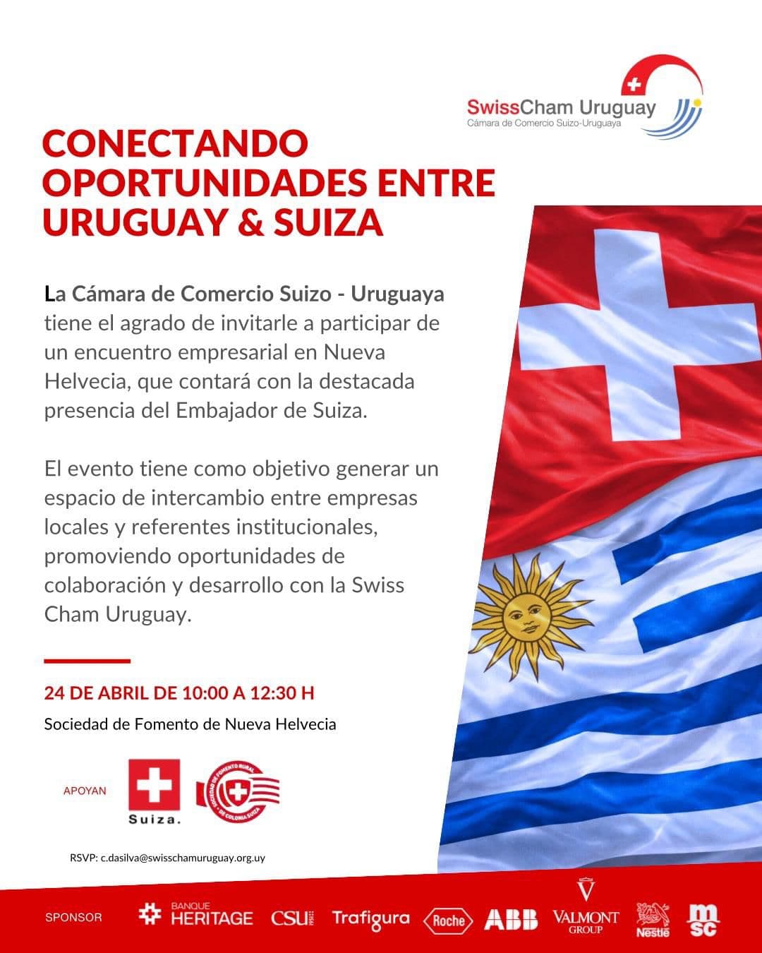 Encuentro empresarial Uruguay–Suiza se realizará en Nueva Helvecia