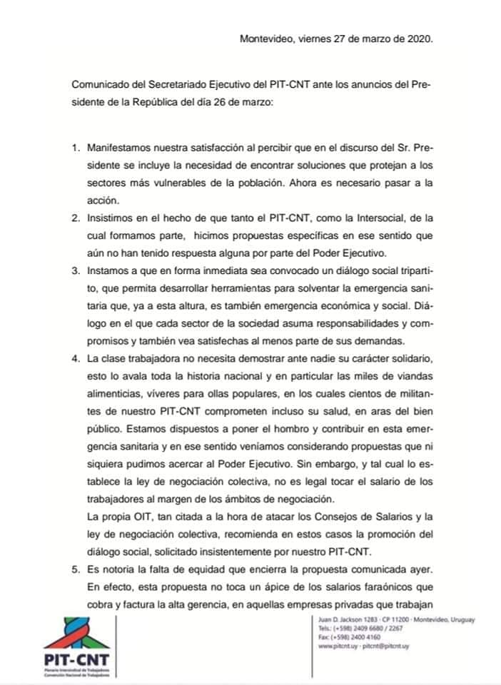 PIT CNT ante los anuncios del Gobierno: "Pasar a la acción"