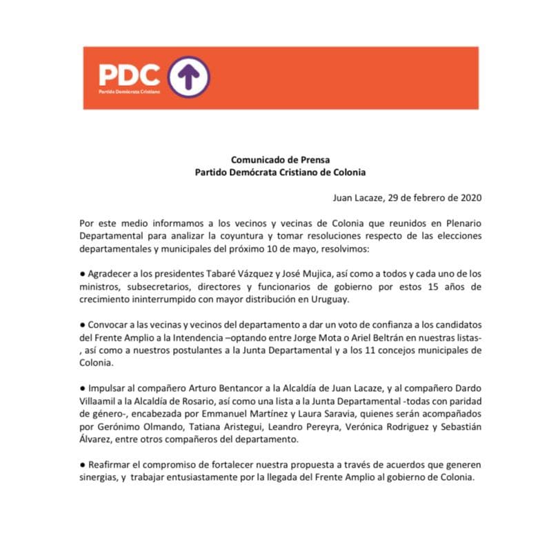 PDC definió candidatos a alcalde de J. Lacaze y Rosario