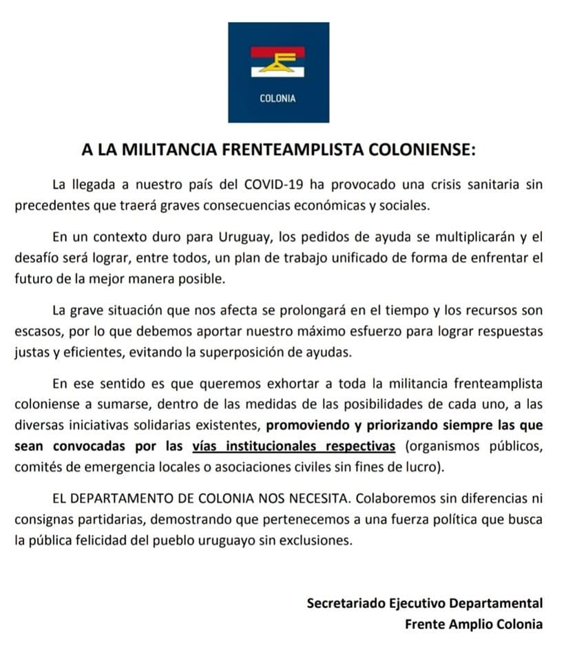 FA Colonia insta a solidaridad en el Departamento