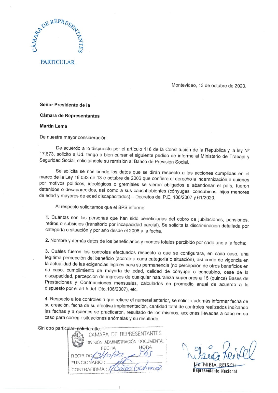 Reisch solicitó conocer datos sobre pensiones a exiliados y presos políticos