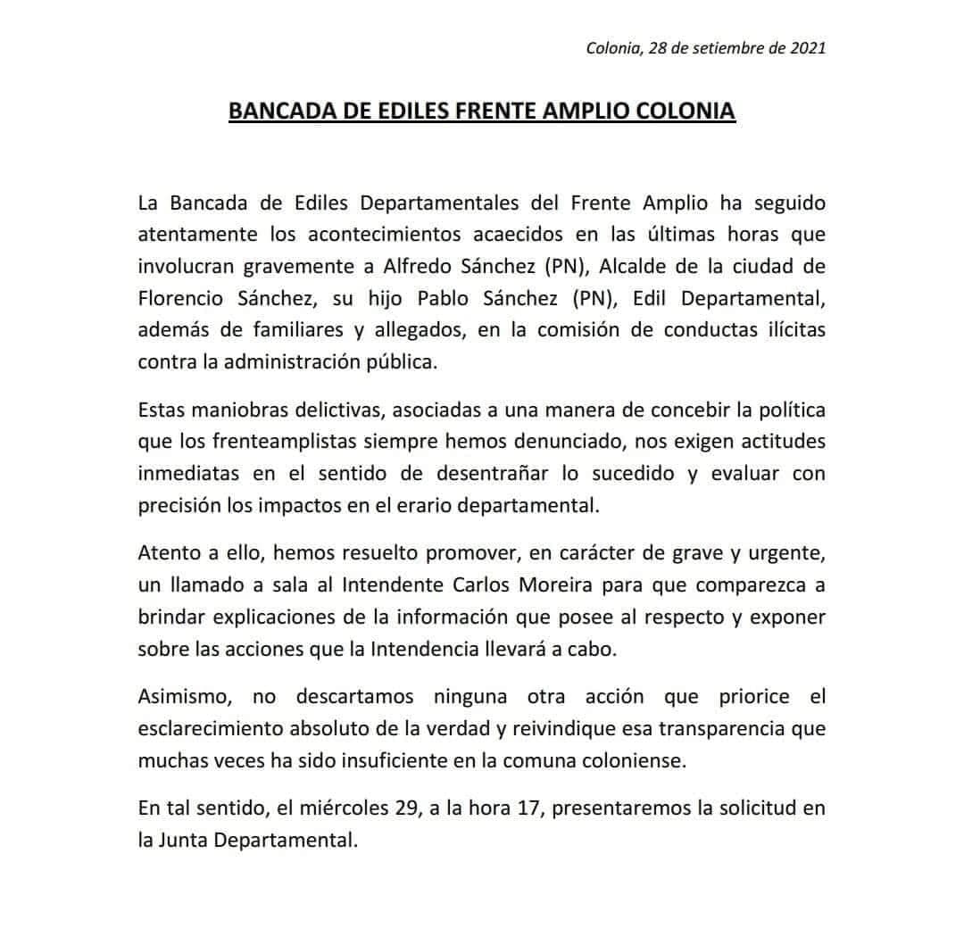 Bancada FA llamará al Intendente a sala por caso Sánchez