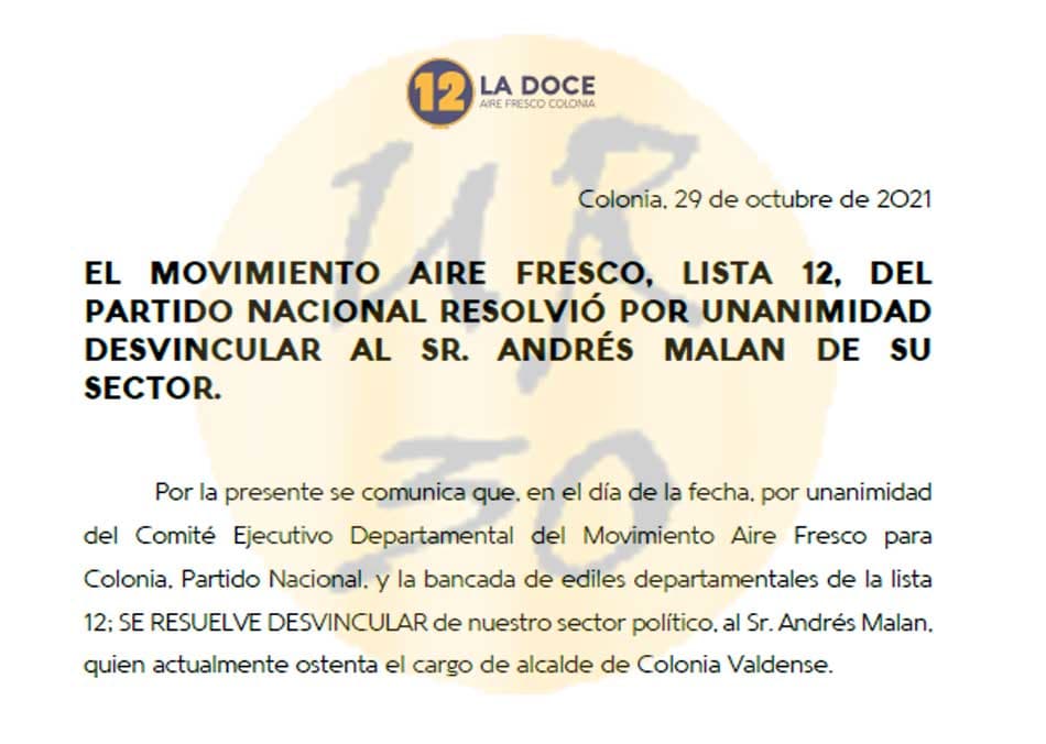 La Lista 12 desvinculó al alcalde Andrés Malán de su sector