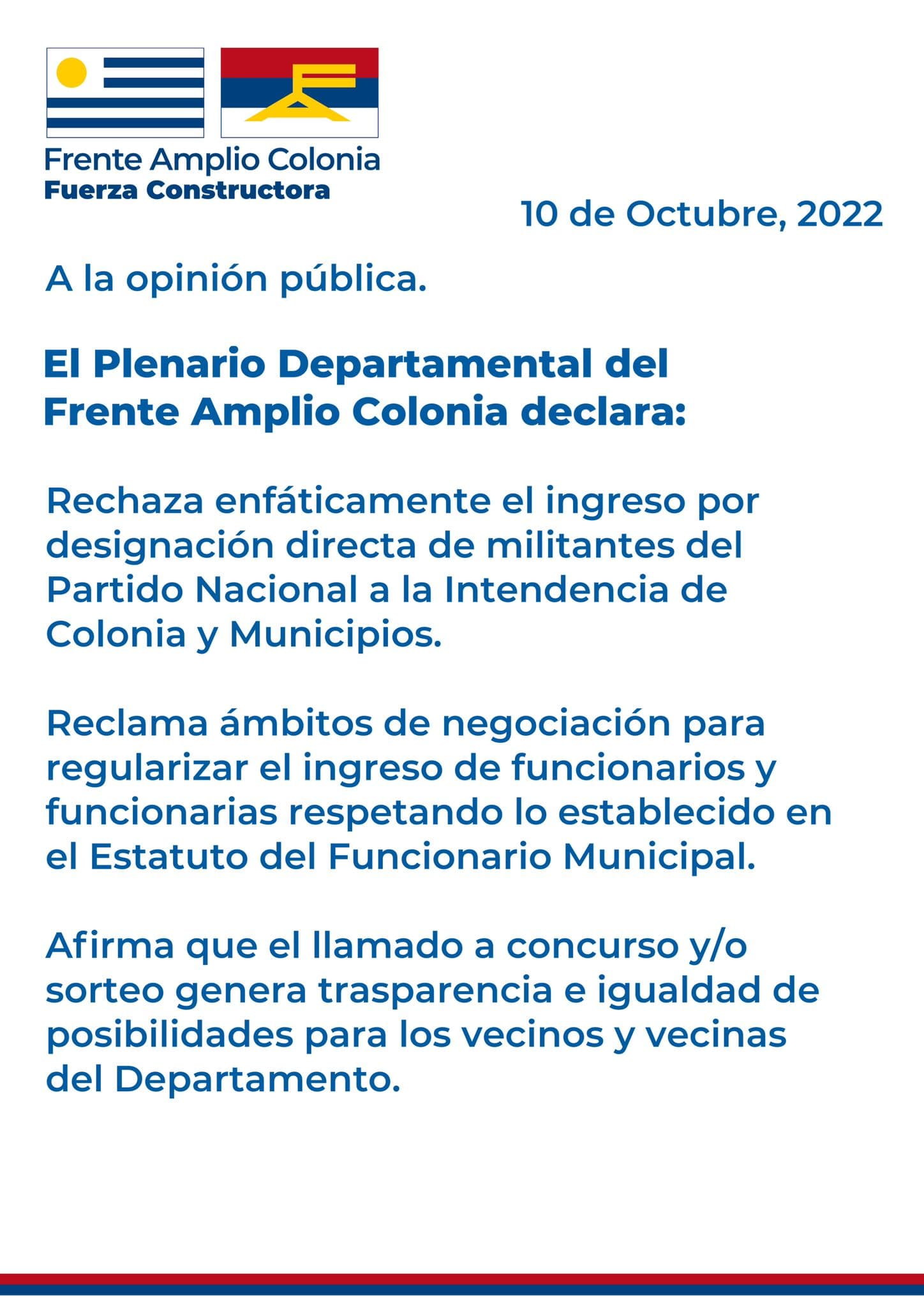 Plenario del FA Colonia se manifestó por temas de Intendencia y de Cosse