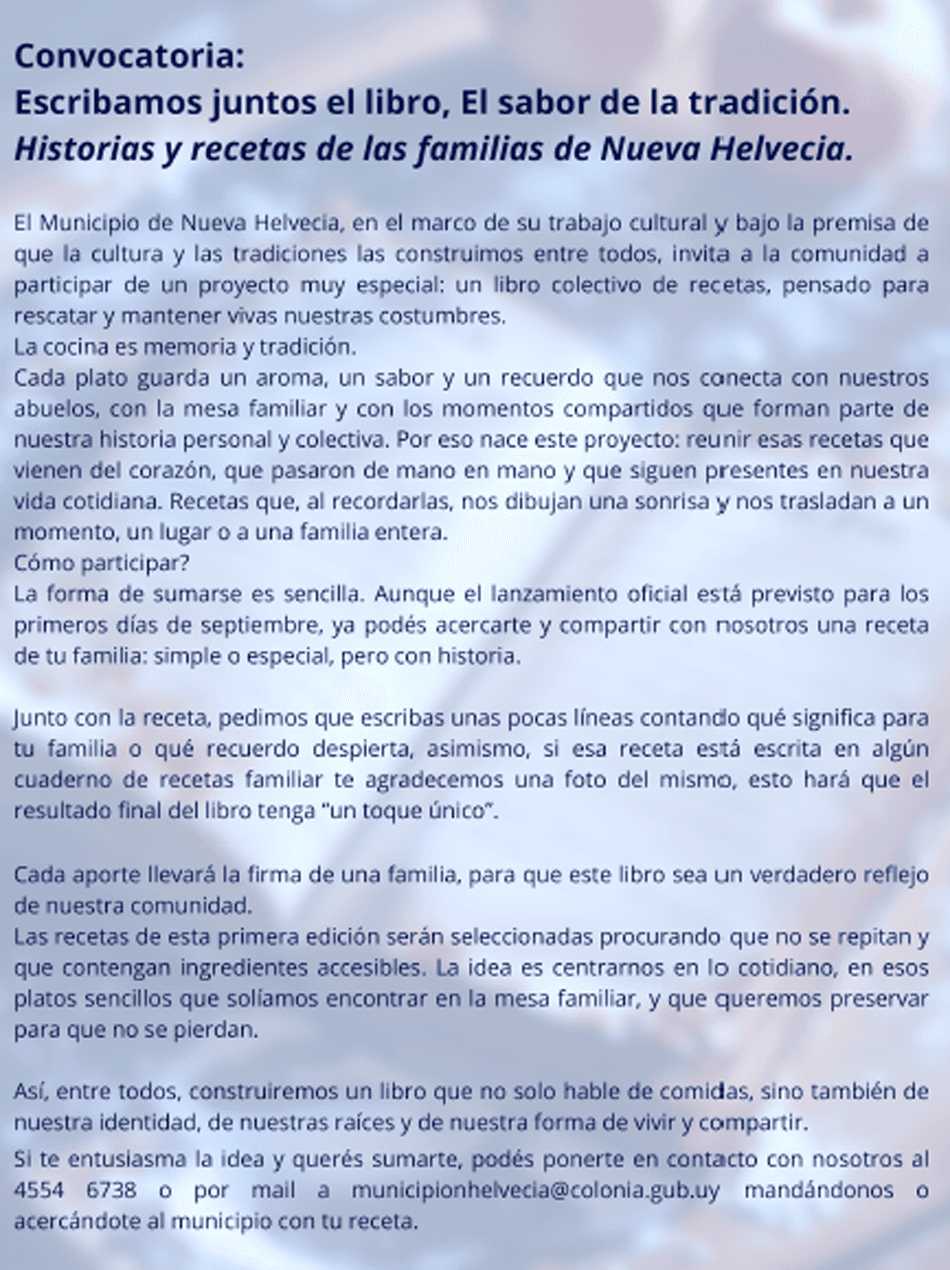 Municipio de Nueva Helvecia convoca a escribir juntos el libro “El sabor de la tradición”